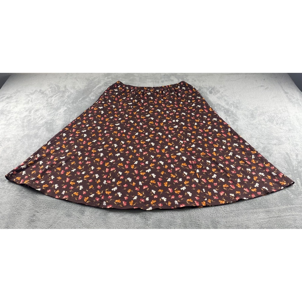 Lands End Womens XL 18-20 Brown Floral Cotton Jersey A-Line Midi‎ Skirt Elastic